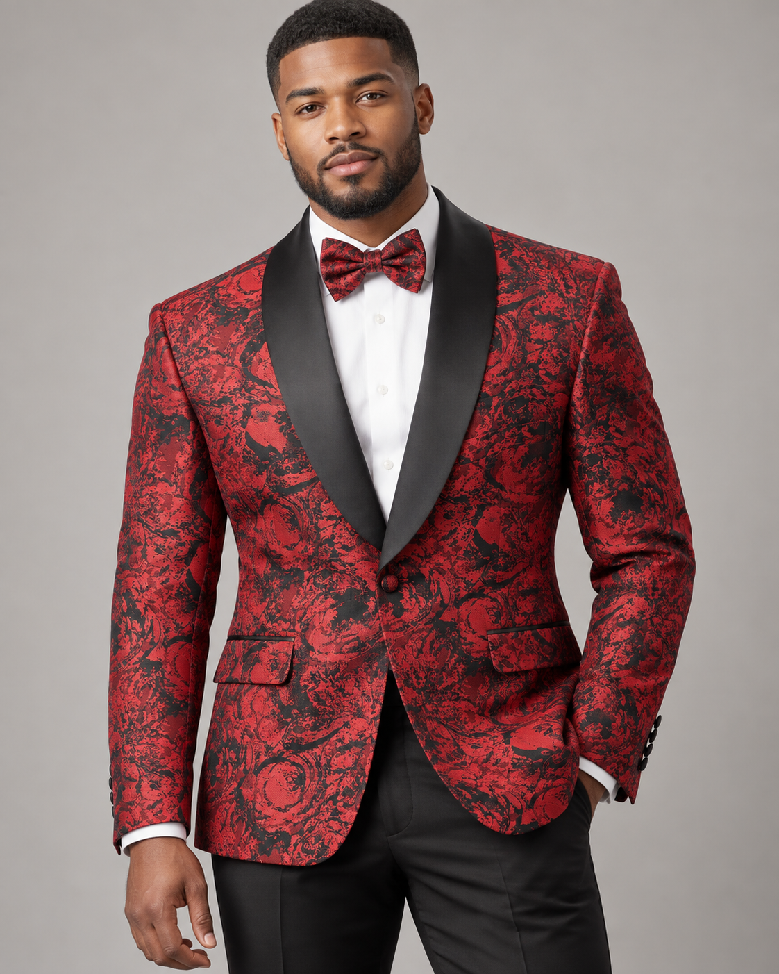 Maenza J-2104S red and black patterned jacket with matching bow tie
