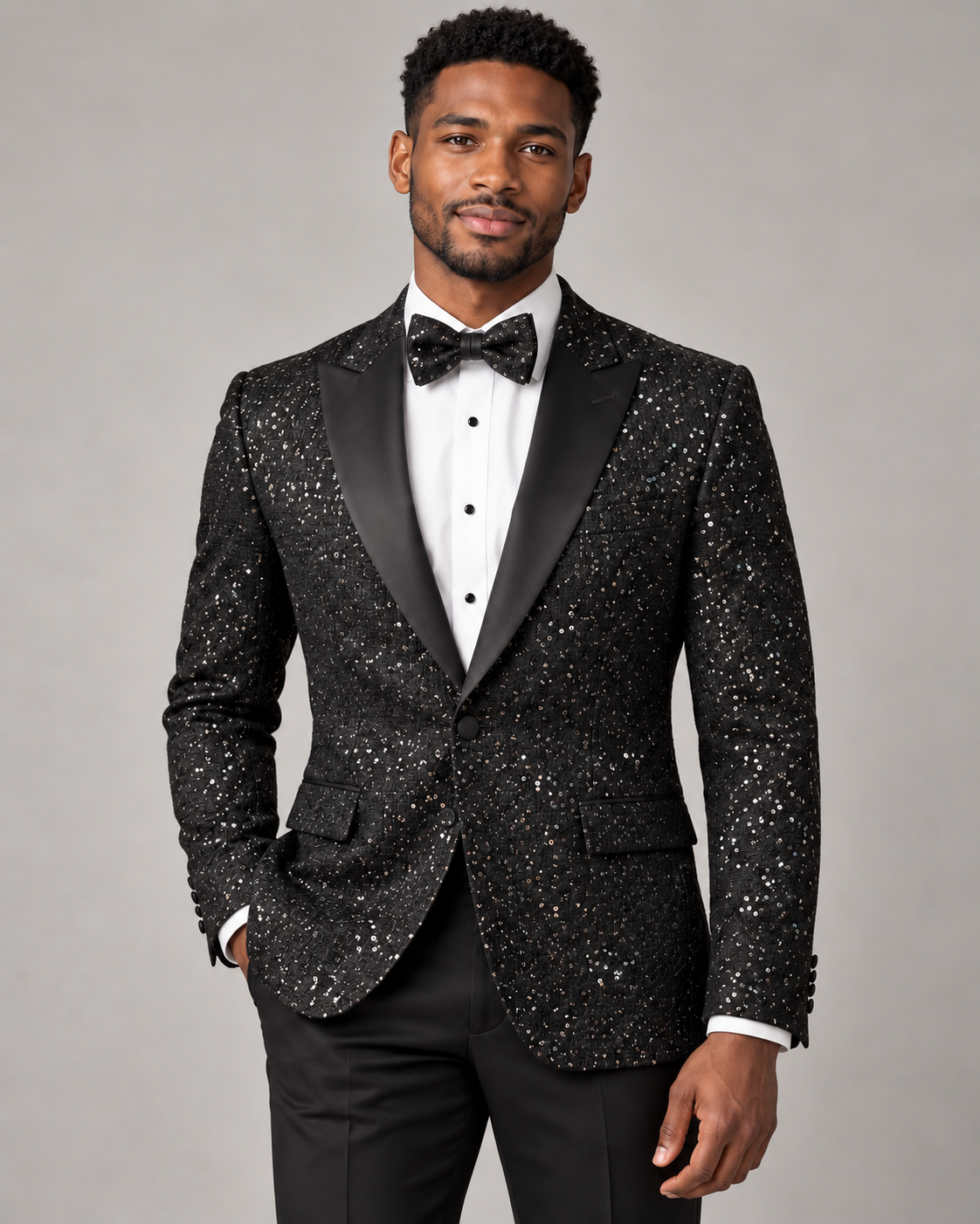 Maenza J-2426S black sequin jacket and matching bow tie on model