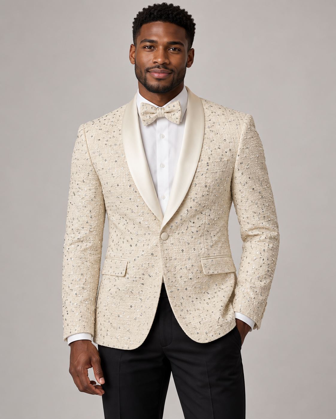 Maenza J-2426S cream sequin jacket and matching bow tie on model