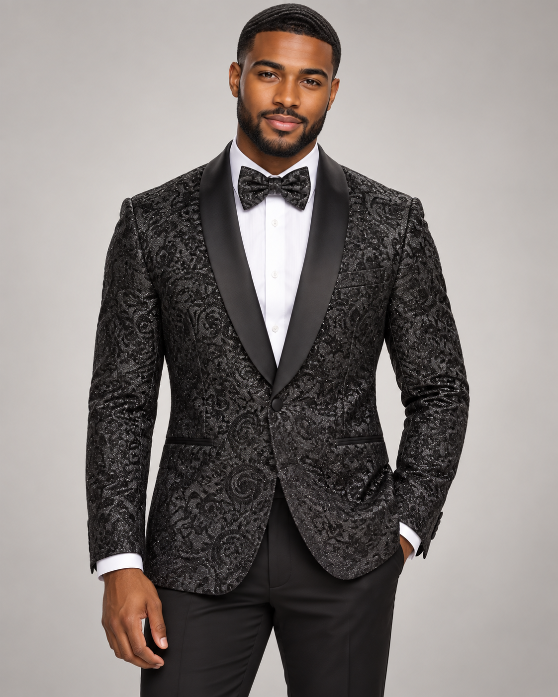 Maenza J-510S black glitter scroll jacket and matching bow tie on model