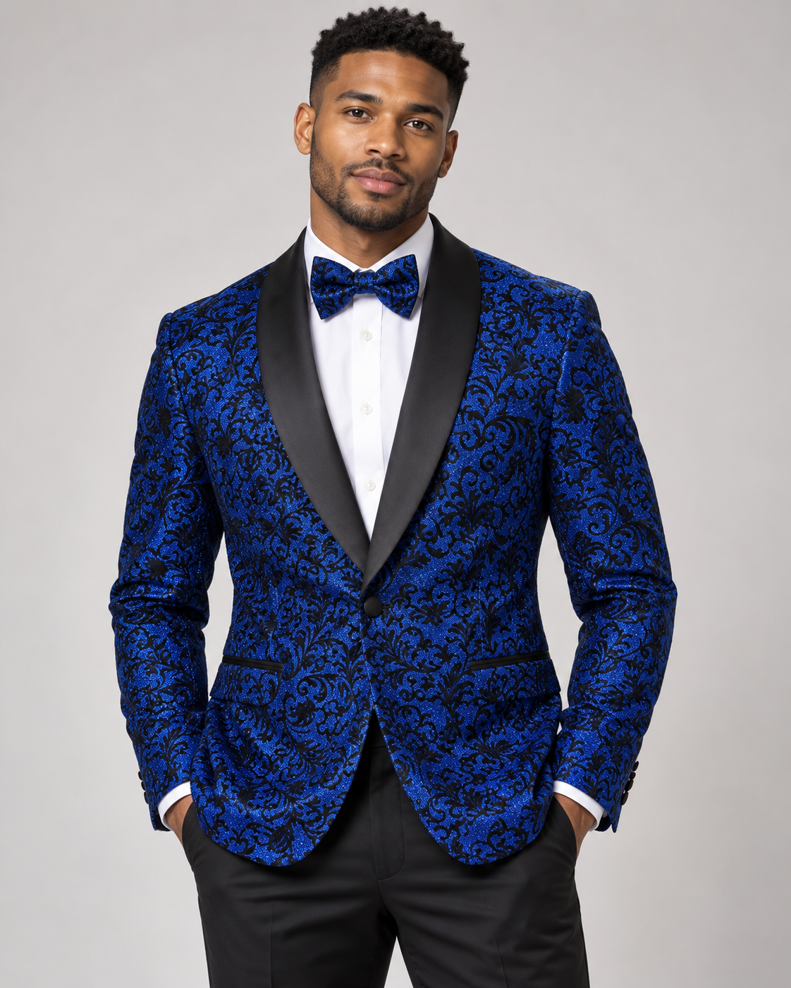 Maenza J-510S blue glitter scroll jacket and matching bow tie on model
