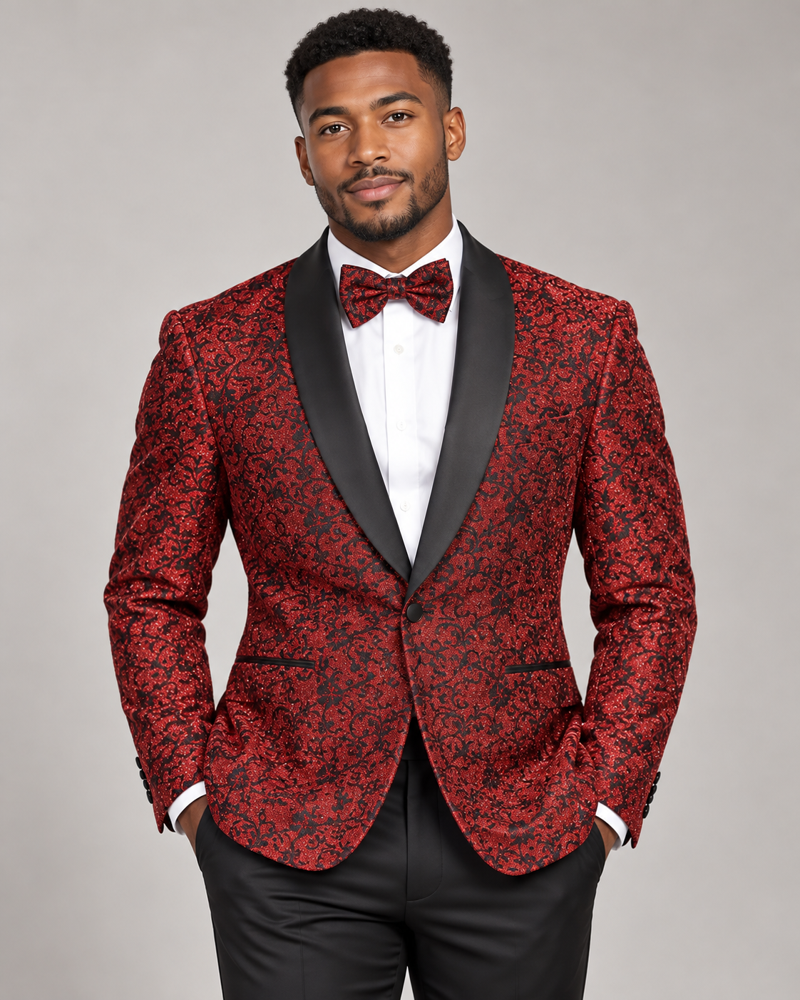 Maenza J-510S red glitter scroll jacket and matching bow tie on model