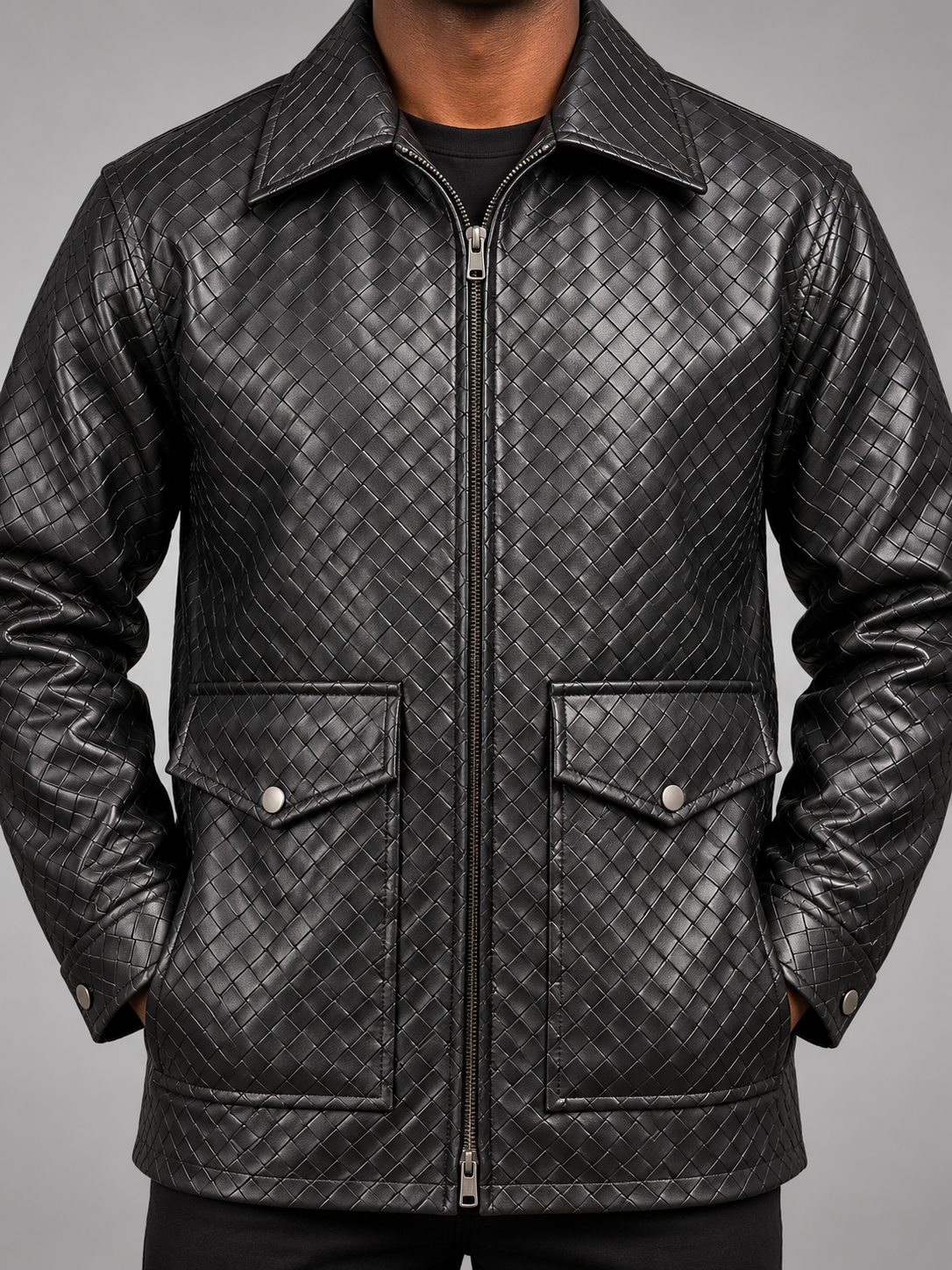 Black Manzini Caribbean jacket collar zipper lower flap pockets and basketweave detail