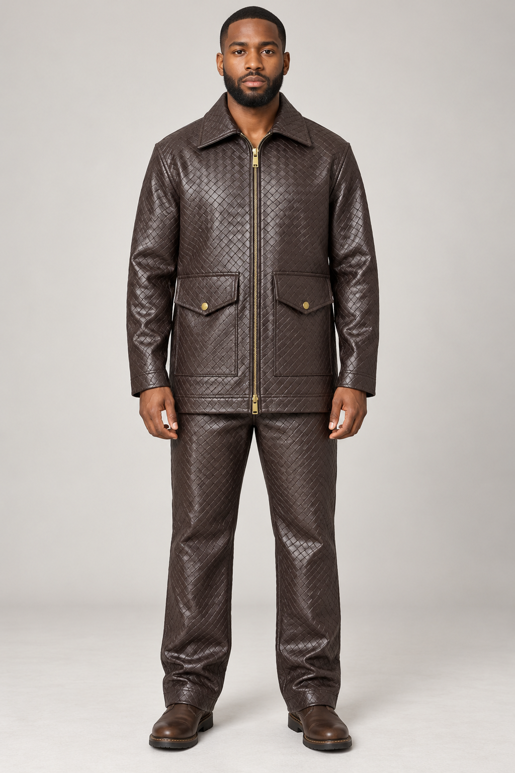 Manzini Caribbean espresso PU leather 2pc jacket and pants set with basketweave texture and lower flap pockets