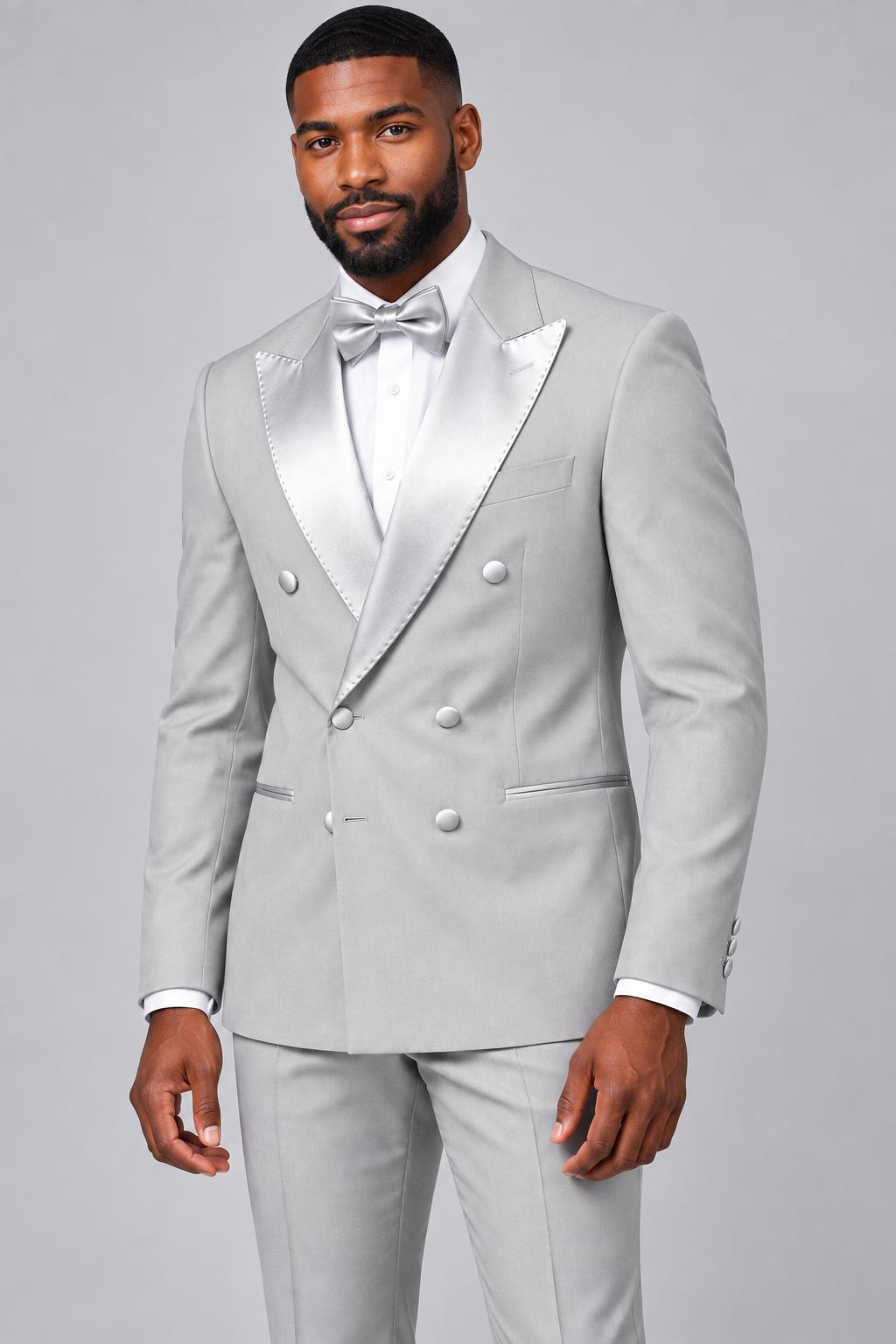 Marco Lorenzo 2542 silver slim fit double-breasted peak lapel tuxedo on model, satin lapel and six-button detail