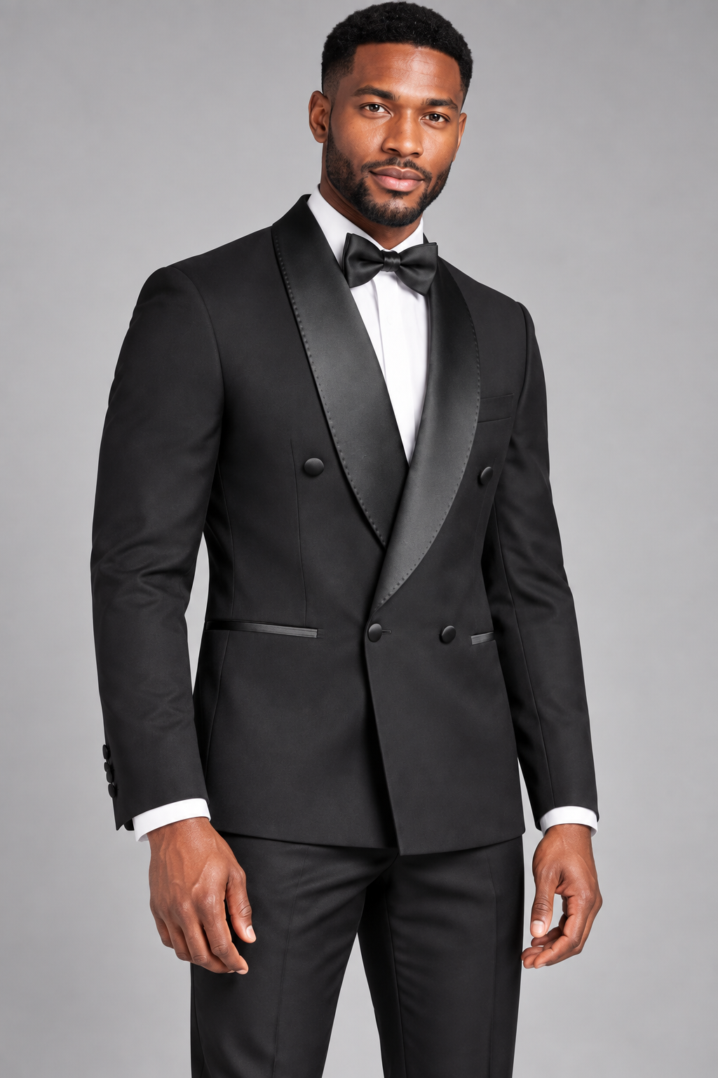 Marco Lorenzo 2603 black tuxedo satin shawl lapel and four-button detail on model