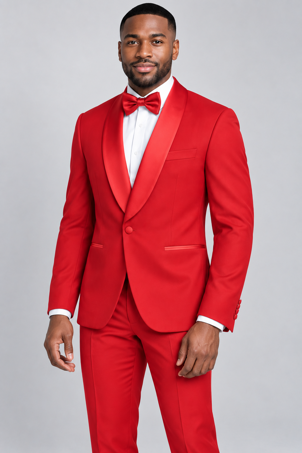 Marco Lorenzo 2606 red slim fit shawl lapel tuxedo with matching bow tie on model, satin collar and single-button detail