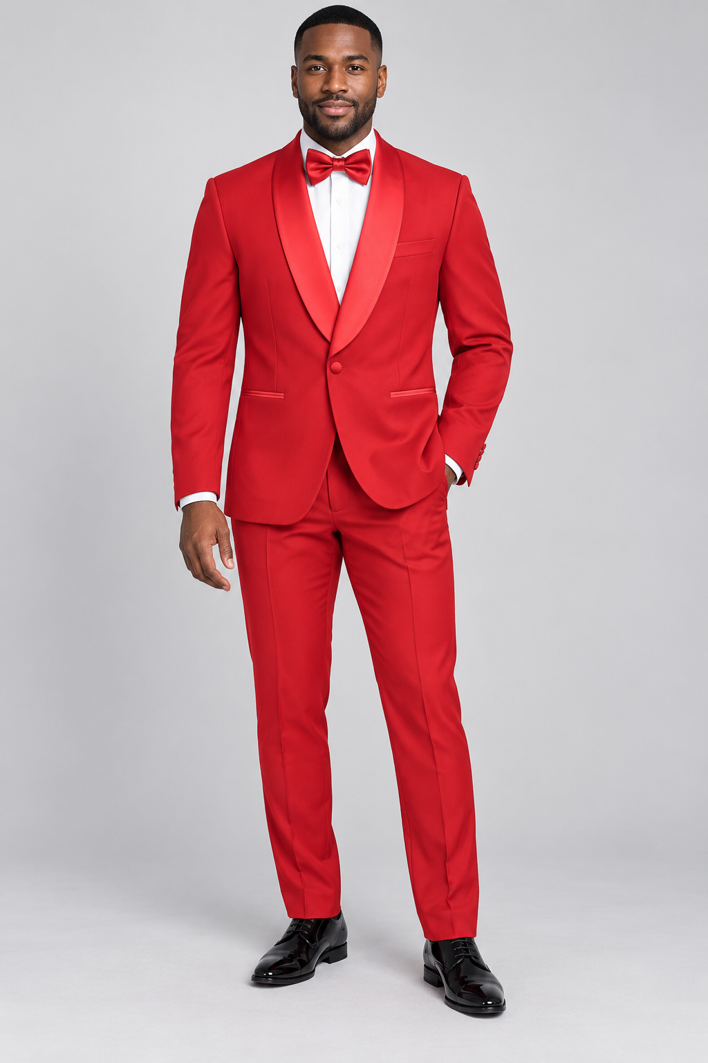 Marco Lorenzo 2606 red slim fit shawl lapel tuxedo with matching bow tie on model, full length