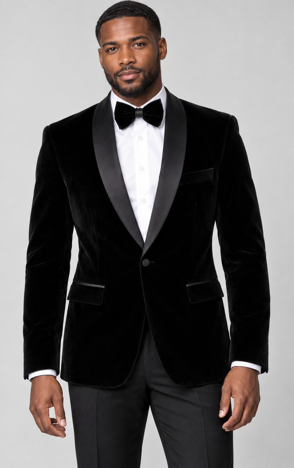 Needle & Stitch Velvet-33 Black velvet blazer with black shawl collar on model; optional bow tie shown
