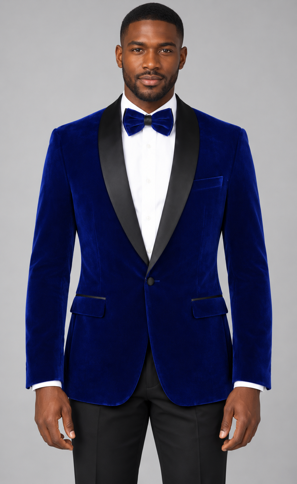 Needle & Stitch Velvet-33 Blue velvet blazer with black shawl collar on model; optional bow tie shown