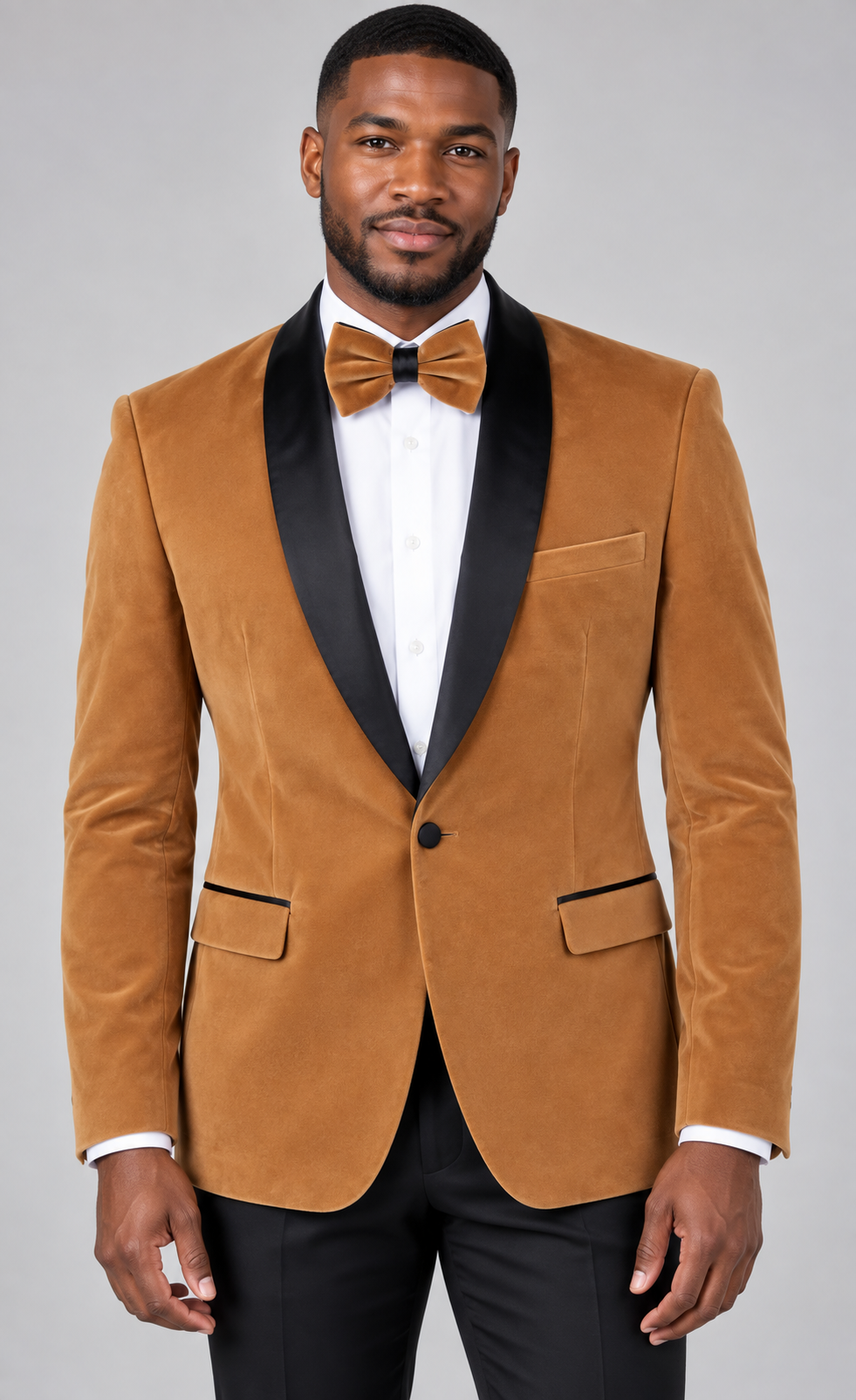 Needle & Stitch Velvet-33 Brown velvet blazer with black shawl collar on model; bow tie shown