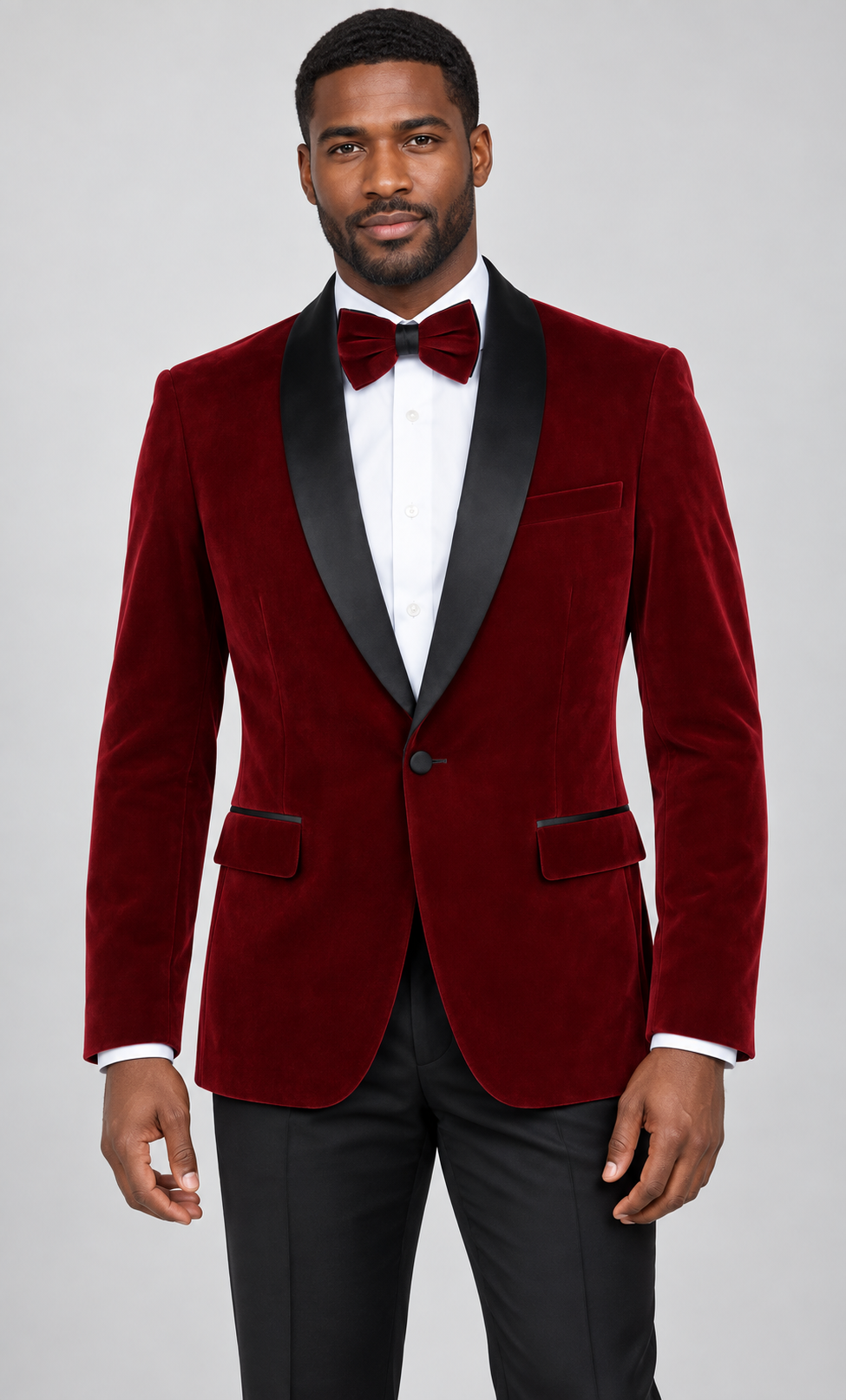 Needle & Stitch Velvet-33 Burgundy velvet blazer with black shawl collar on model; bow tie shown