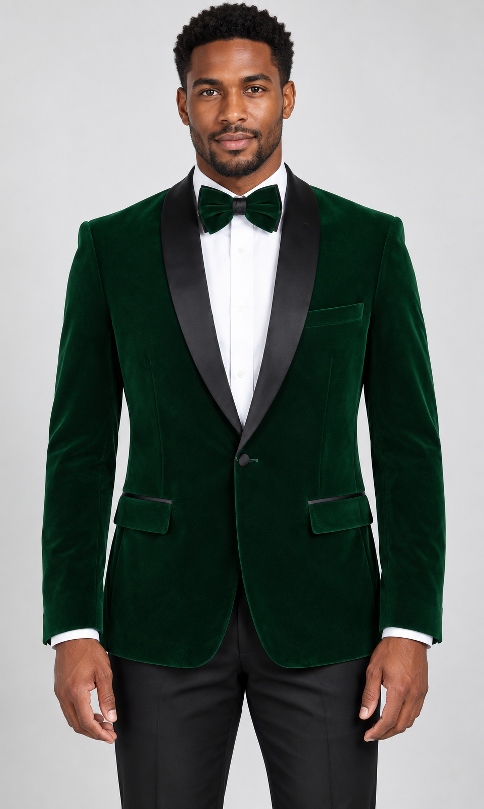 Needle & Stitch Velvet-33 Green velvet blazer with black shawl collar on model; bow tie shown