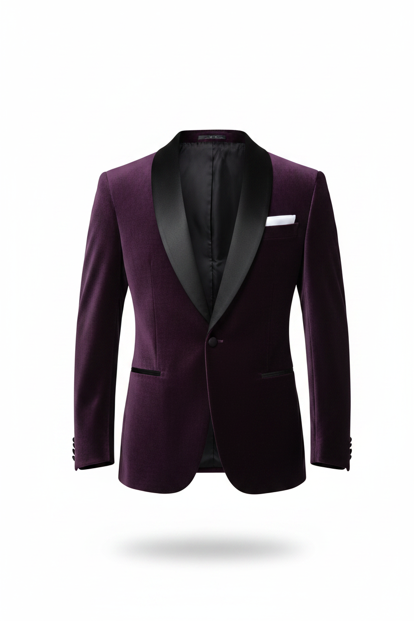 Needle & Stitch Velvet-33 purple velvet blazer with black satin shawl collar and bow tie