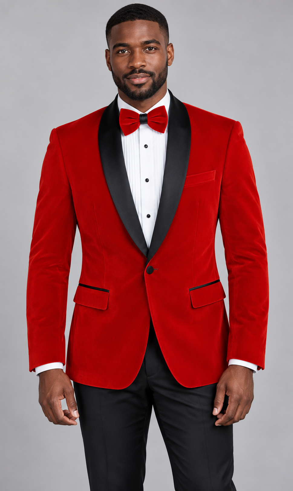 Needle & Stitch Velvet-33 Red velvet blazer with black shawl collar on model; bow tie shown