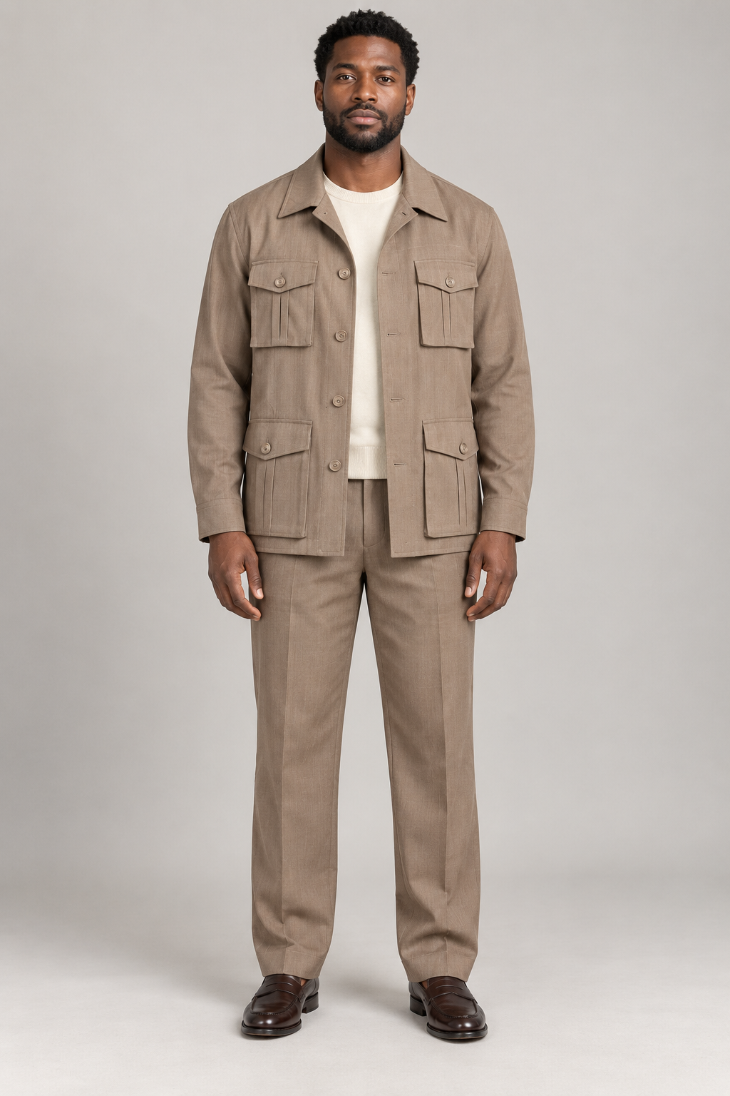 R. Lewis RLO07 Brown jacket and matching pants walking set on a model