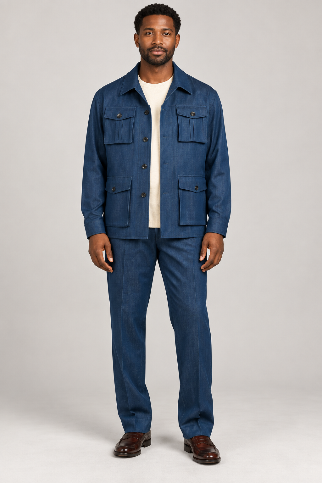 R. Lewis RLO08 Blue jacket and matching pants walking set on a model