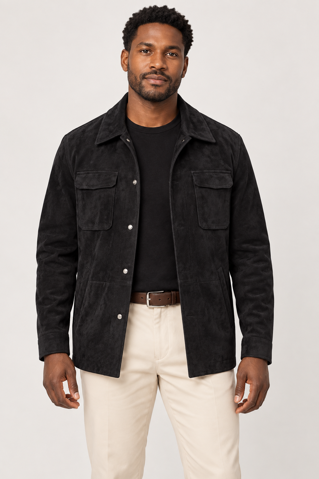 R. Lewis RLO09 Black suede-style snap-front jacket on a model