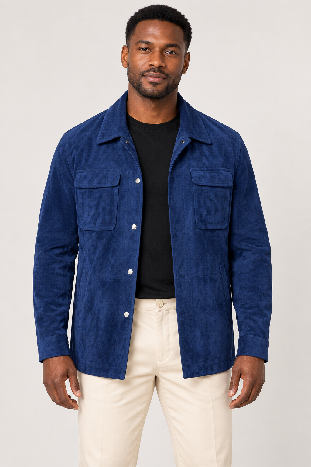 R. Lewis RLO09 Blue suede-style snap-front jacket on a model