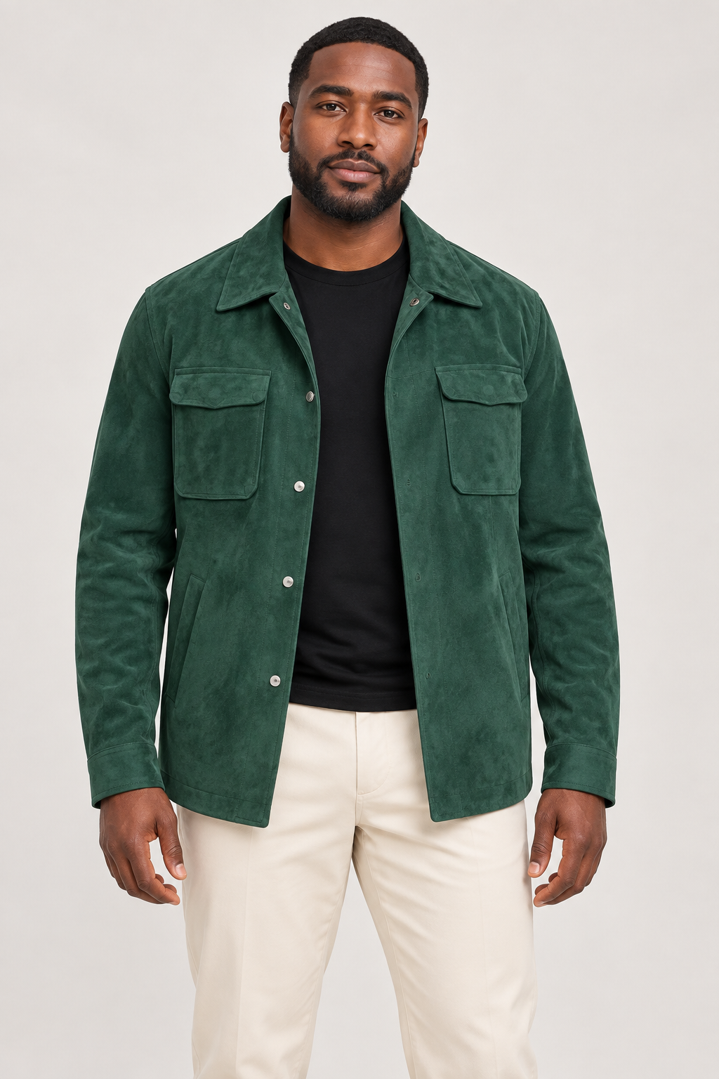 R. Lewis RLO09 Green suede-style snap-front jacket on a model