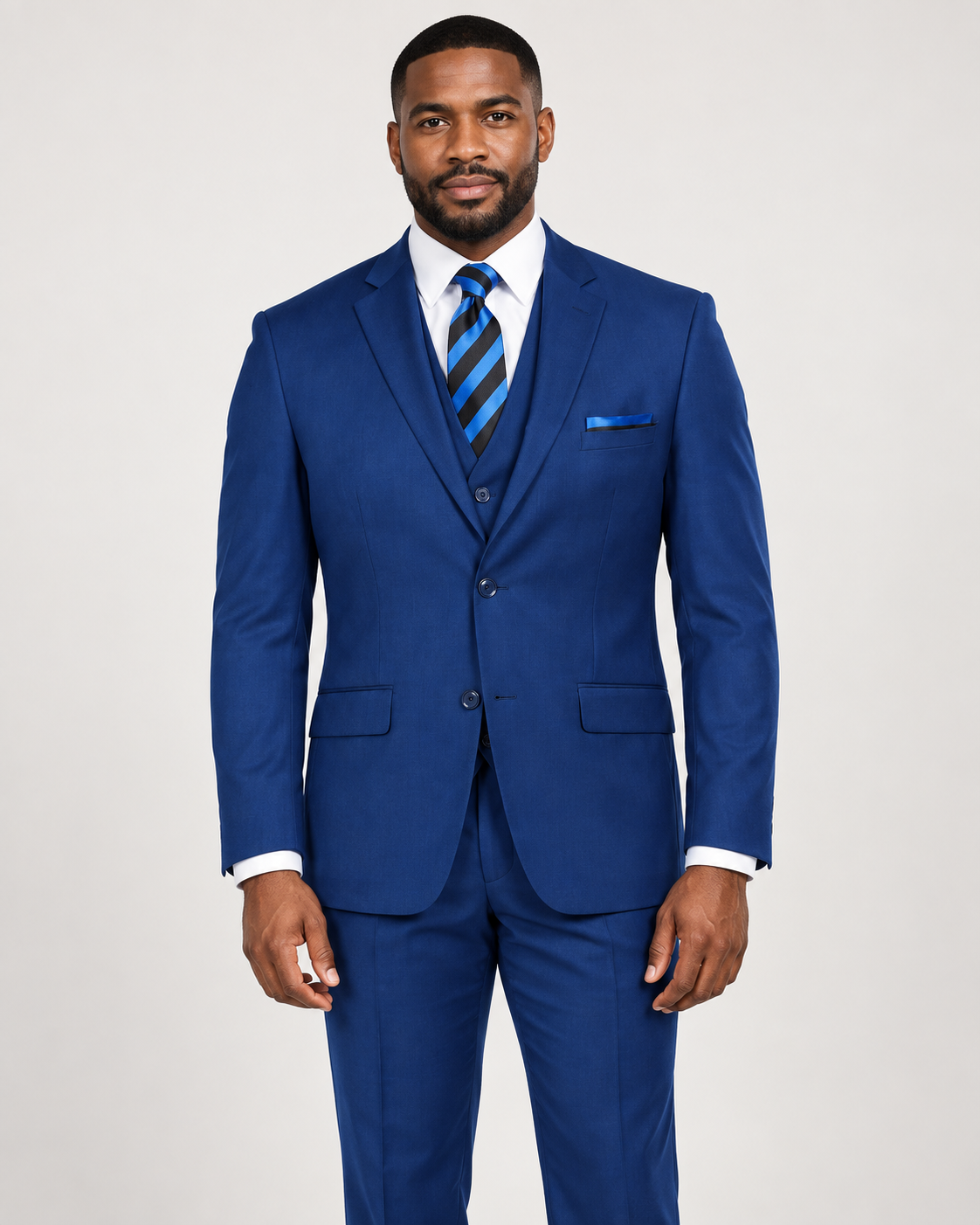 Model wearing an indigo Retro Paris 203 St. Marcus modern-fit three-piece suit with a notch-lapel jacket, matching vest and trousers
