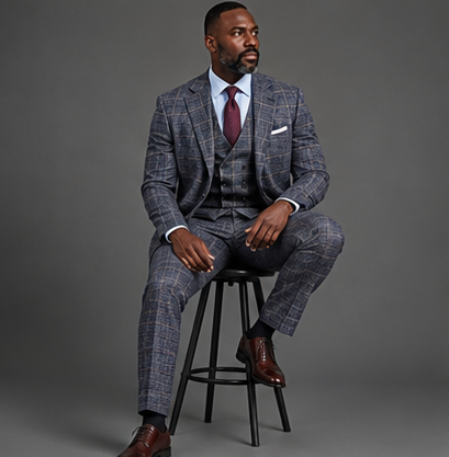 Saboo 1950 Navy three-piece suit — seated view