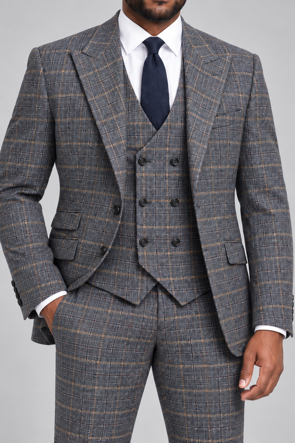 Saboo 1950 Navy modern fit three-piece plaid suit — close-up of peak lapels, six-button double-breasted vest, stitching and fabric