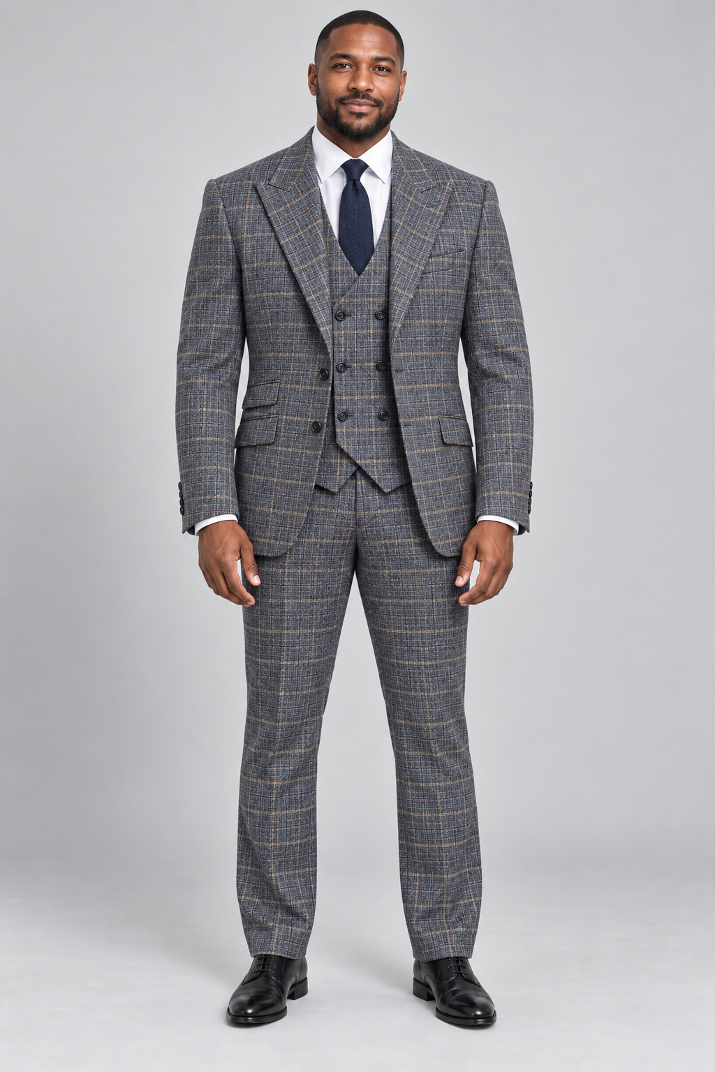 Saboo 1950 Navy modern fit three-piece plaid suit — full-length front view with peak lapels and double-breasted vest
