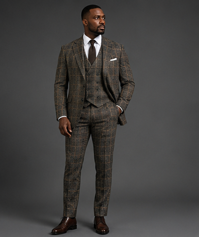 Saboo 1950 Olive three-piece suit — front view