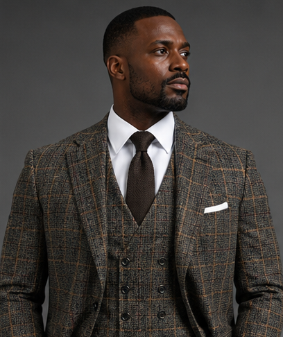 Saboo 1950 Olive three-piece suit — portrait view