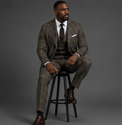 Saboo 1950 Olive three-piece suit — seated view