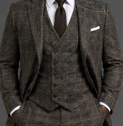 Saboo 1950 Olive three-piece suit — torso view