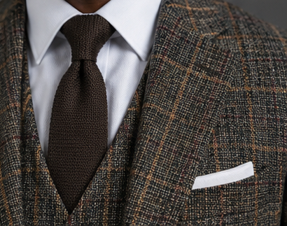 Saboo 1950 Olive three-piece suit — lapel view