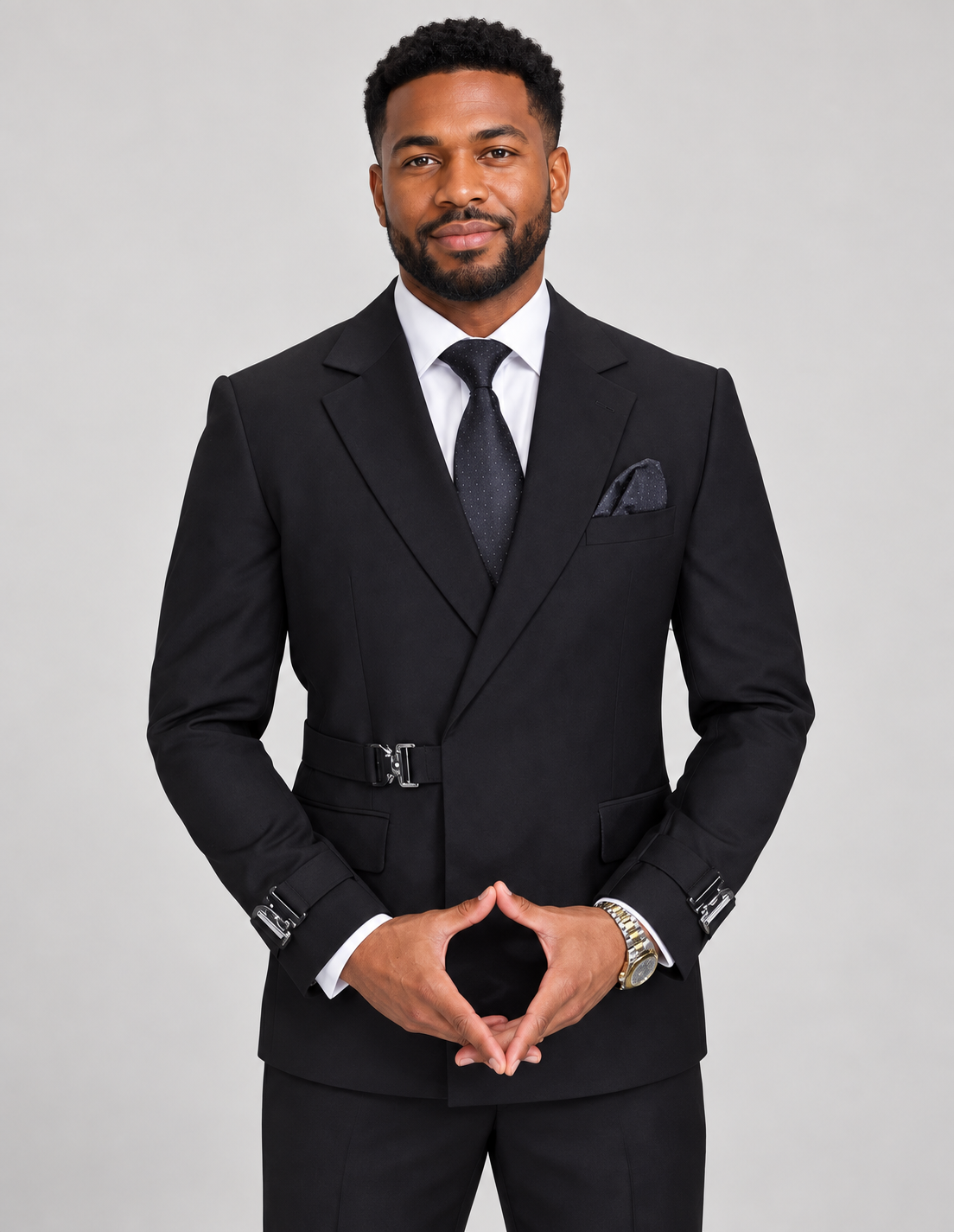 Saboo Bolanzo black wool two-piece suit with wrap jacket, side-waist clasp and cuff buckles, shown on a model