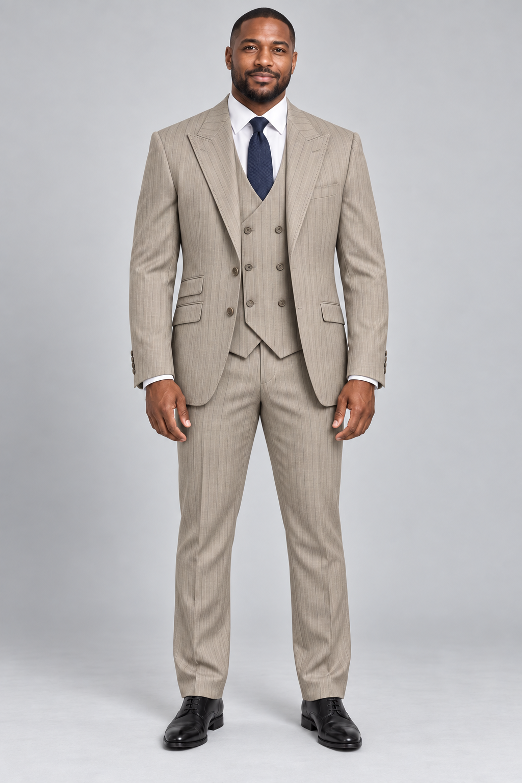Saboo DB5200 Beige modern fit three-piece pinstripe suit — full-length front view with peak lapels and double-breasted vest