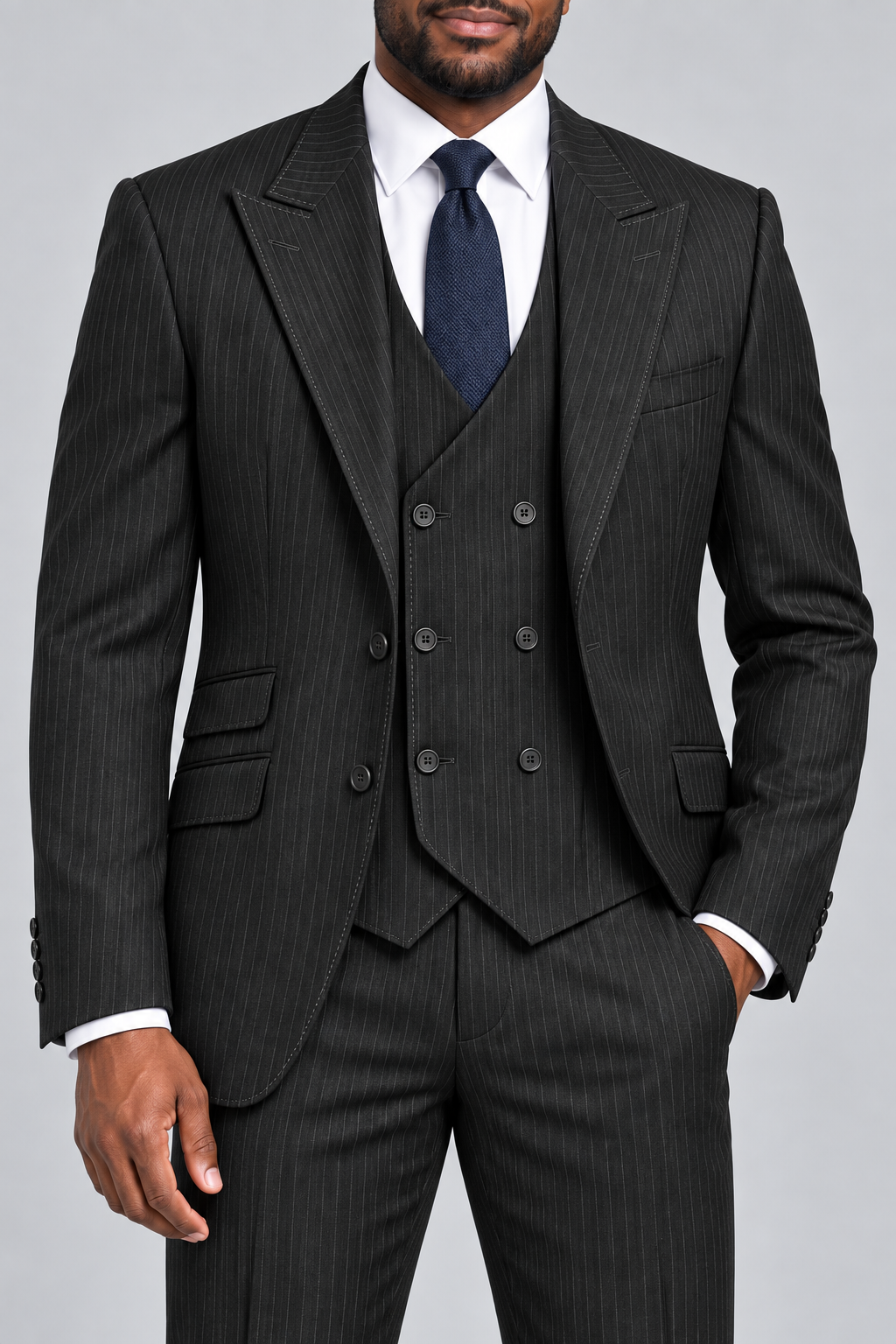 Saboo DB5200 Black modern fit three-piece pinstripe suit — close-up of peak lapels, six-button double-breasted vest, stitching and fabric