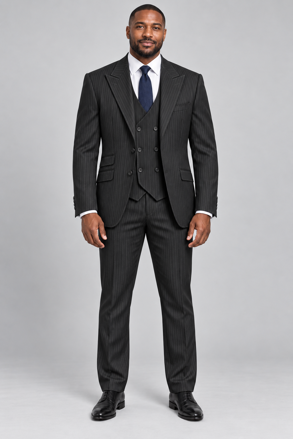 Saboo DB5200 Black modern fit three-piece pinstripe suit — full-length front view with peak lapels and double-breasted vest