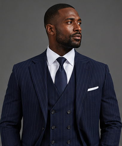 Saboo TA2 Navy three-piece suit — portrait view