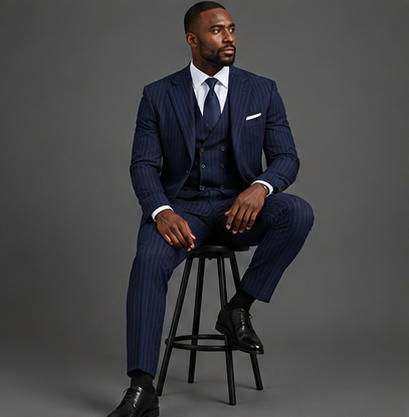 Saboo TA2 Navy three-piece suit — seated view