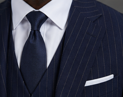 Saboo TA2 Navy three-piece suit — lapel view