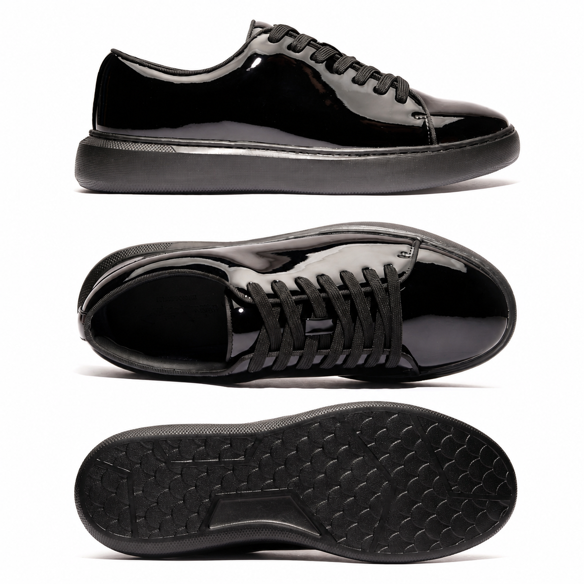 Santino Luciano Black patent sneaker, updated lightweight sole version – side, top, and outsole views