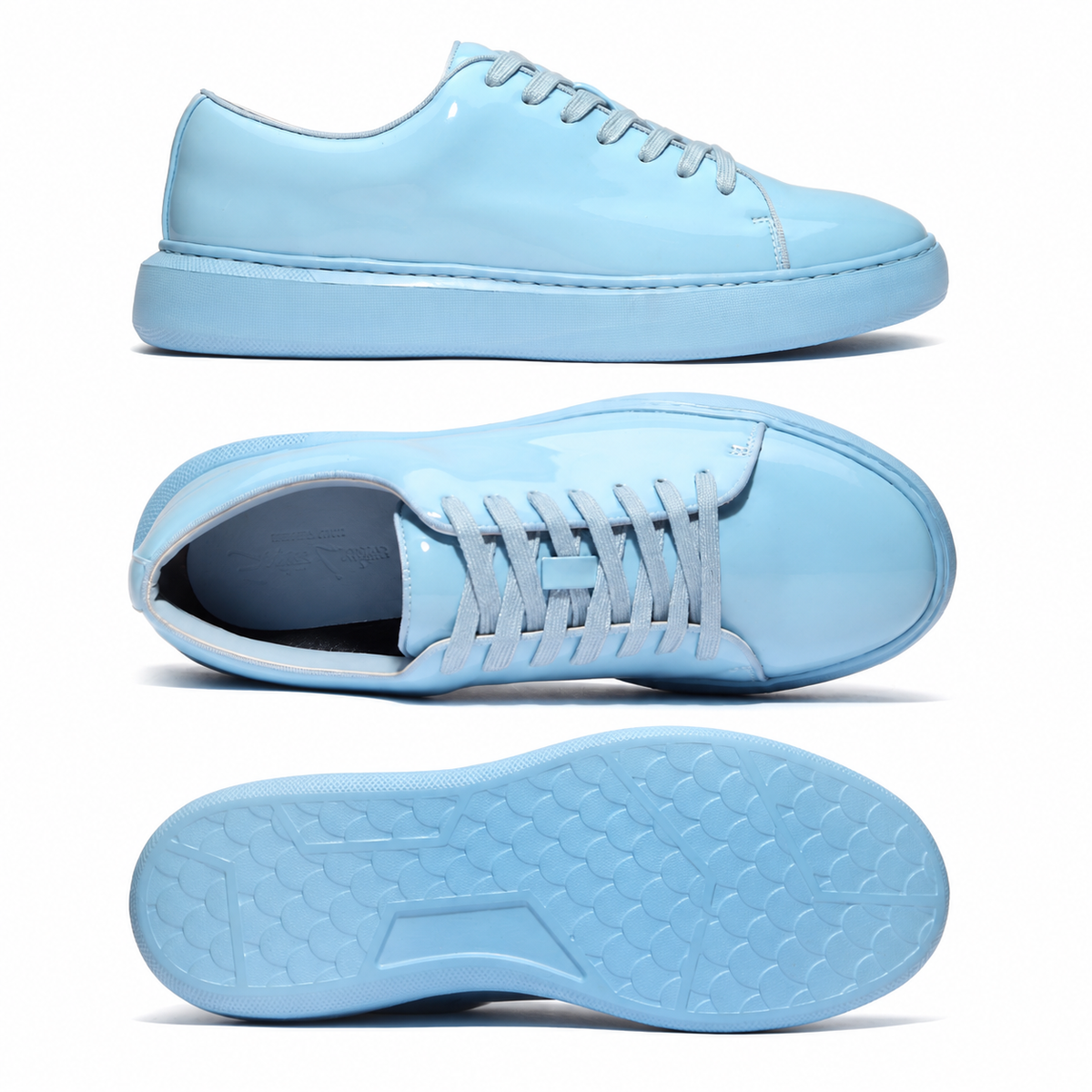 Santino Luciano Sky Blue patent sneaker, updated lightweight sole version – side, top, and outsole views