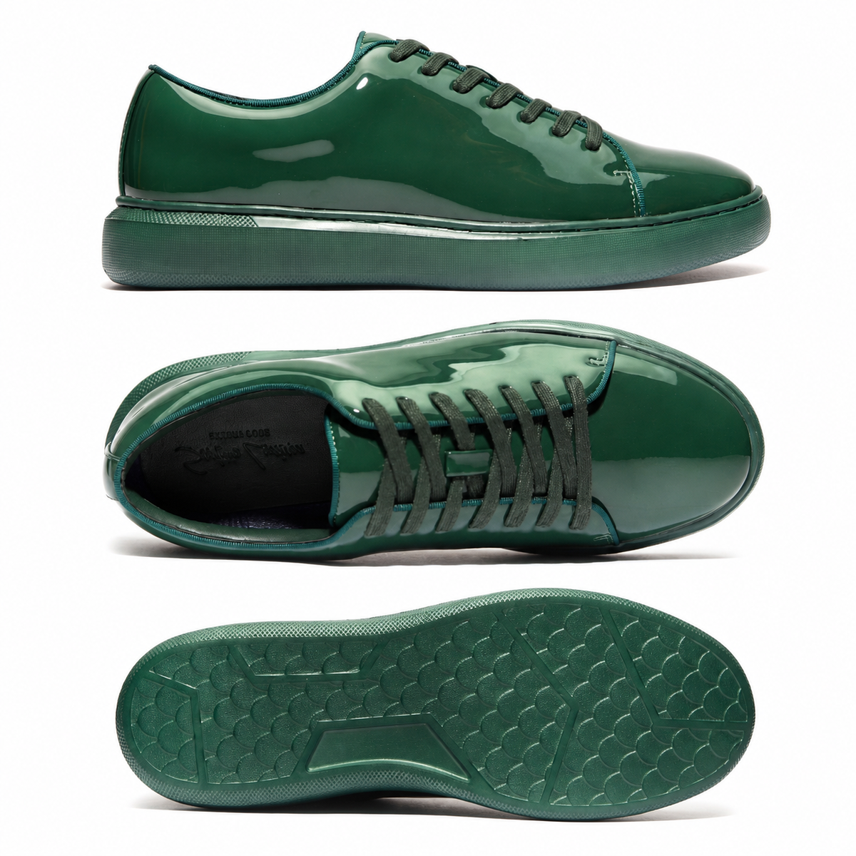 Santino Luciano Forest Green patent sneaker, updated lightweight sole version – side, top, and outsole views