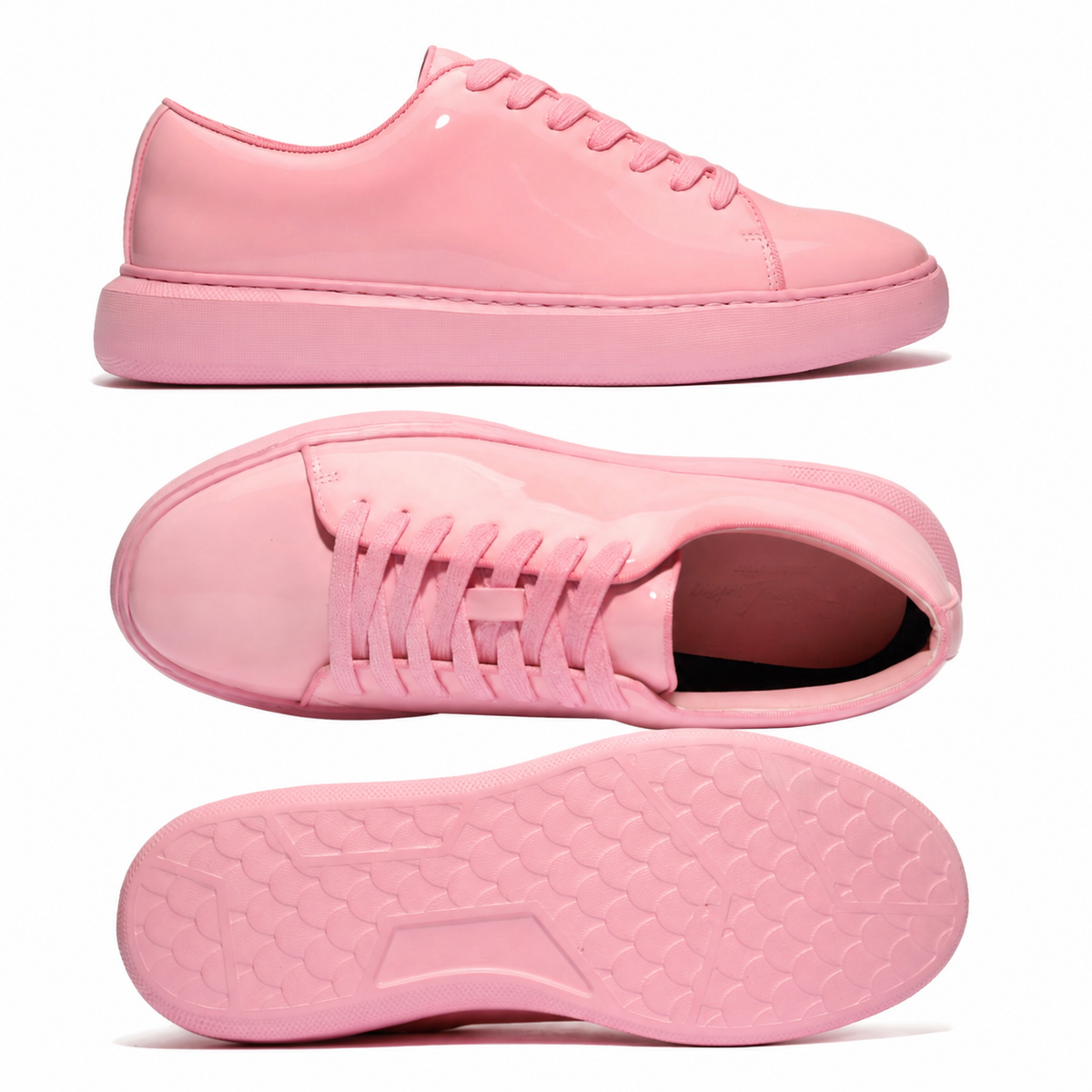 Santino Luciano Pink patent sneaker, updated lightweight sole version – side, top, and outsole views