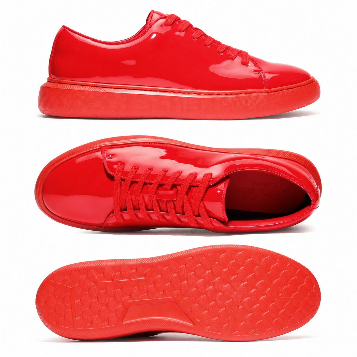 Santino Luciano Red patent sneaker, updated lightweight sole version – side, top, and outsole views