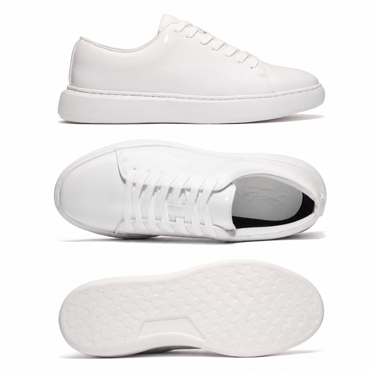 Santino Luciano White patent sneaker, updated lightweight sole version – side, top, and outsole views