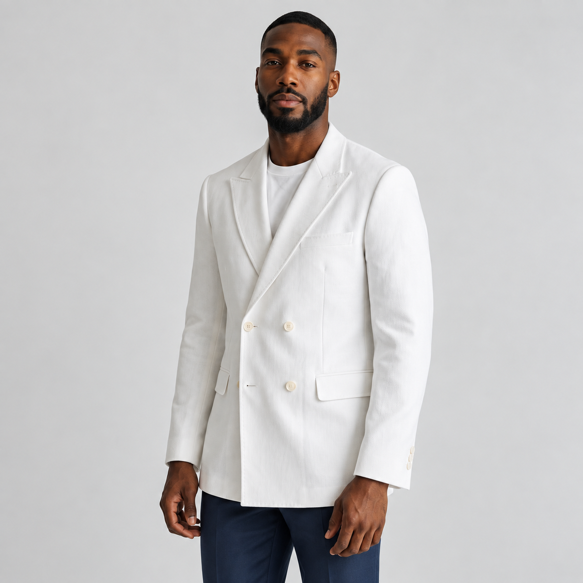 White Zacchi Santoni double-breasted hopsack blazer on model, angled front view