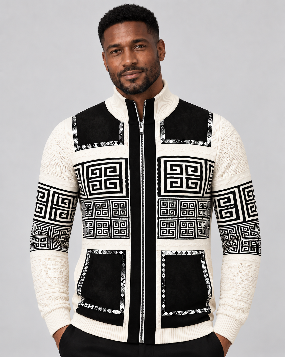 Silversilk 31003 Greek-Key Full-Zip Sweater in Cream, upper-body model photo