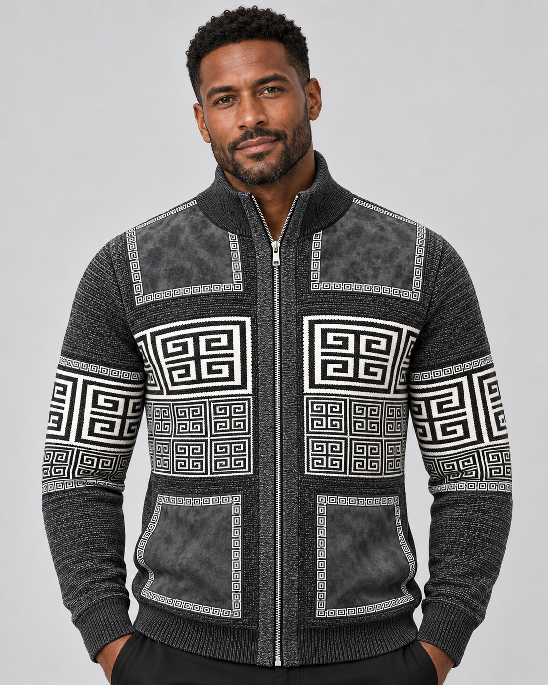 Silversilk 31003 Greek-Key Full-Zip Sweater in Grey, upper-body model photo