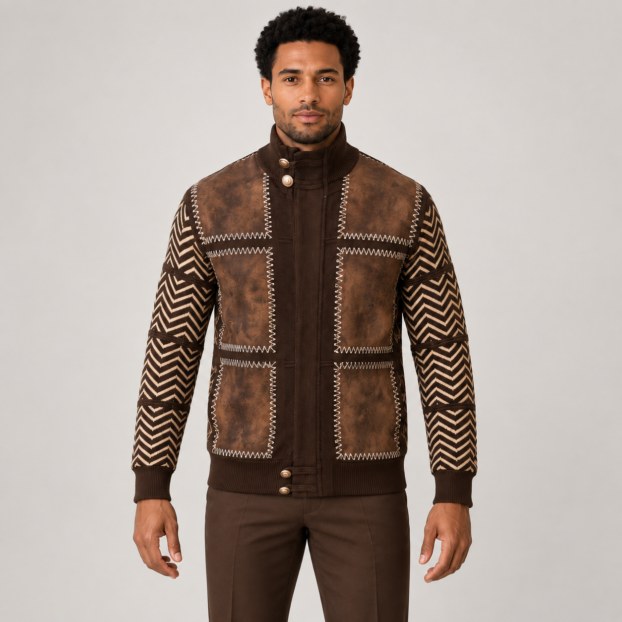 Silversilk 31006 brown patterned sweater, front view on model against light gray studio background